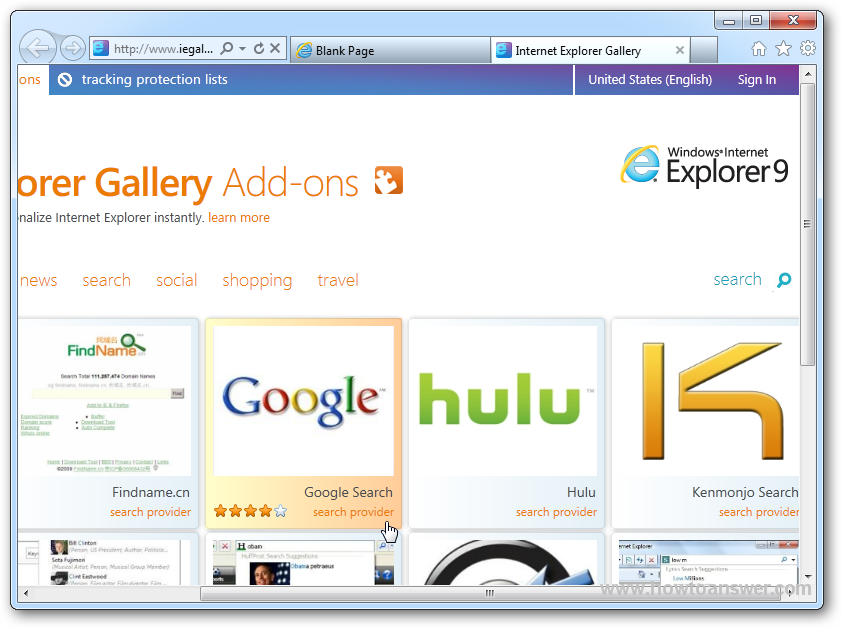 Choosing Google search from Internet Explorer Gallerty Add-ons window
