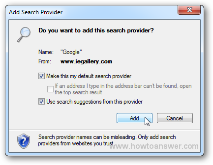 Add search provider cofirmation window in Internet Explorer