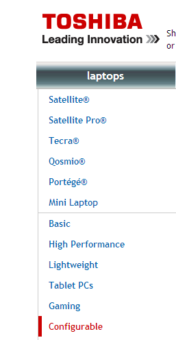 Toshiba Direct website select - Configurable option