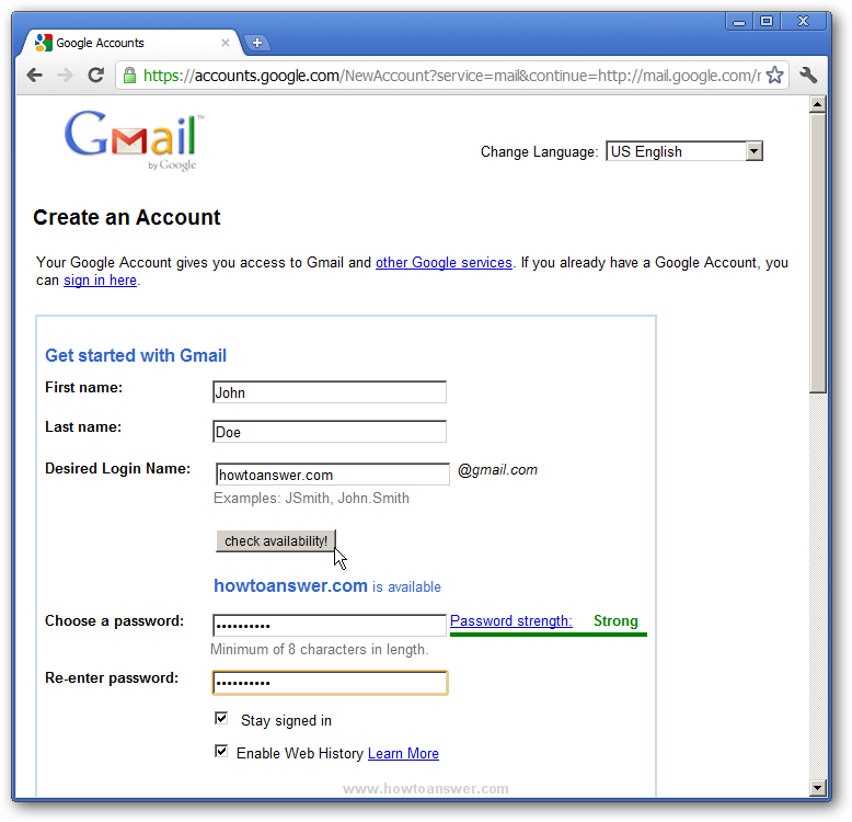 Gmail - create an account page