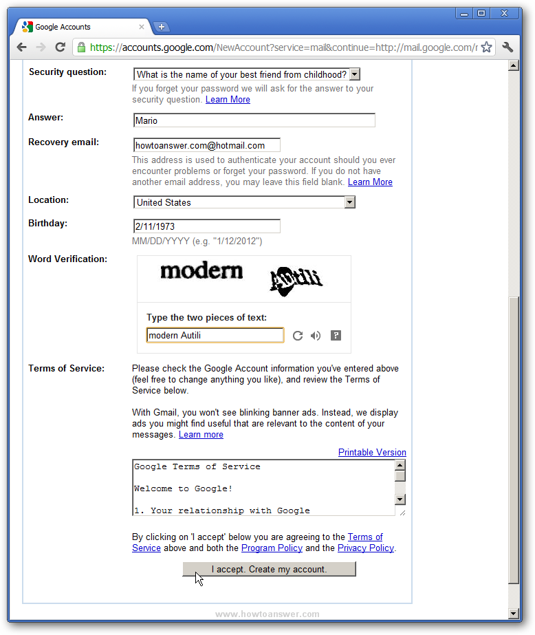Accepting the terms of Agreement and creating a Gmail account