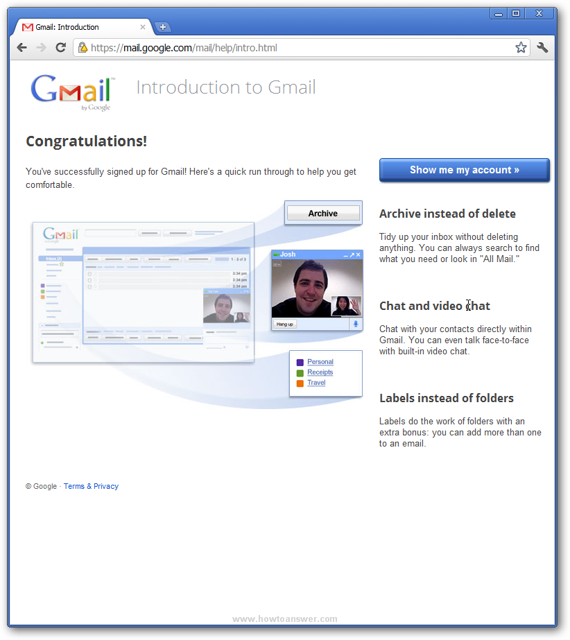 Congratulations message when creating a Gmail account