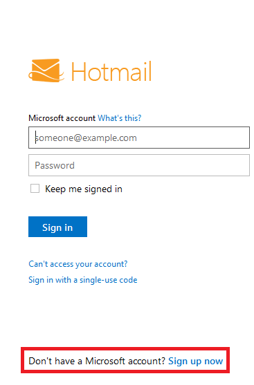 Hotmail sign up now link
