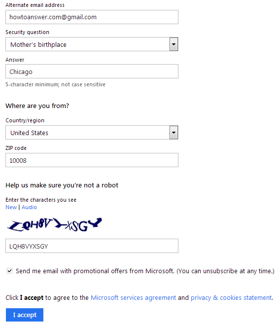 Hotmail signup details