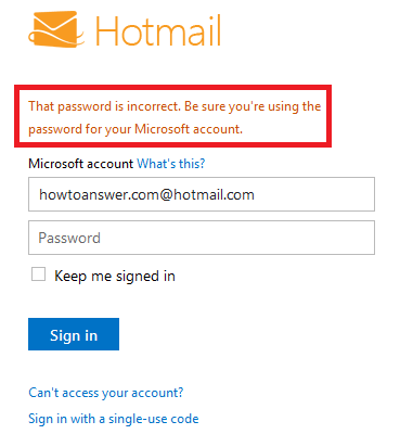 Incorrect Hotmail password