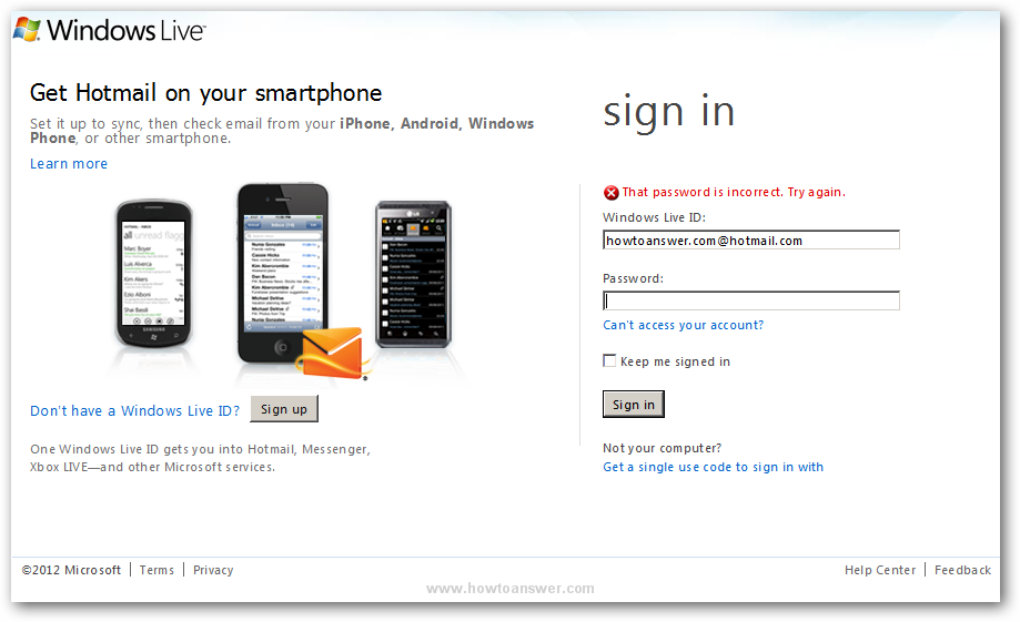 Hotmail Windows Live wrong password
