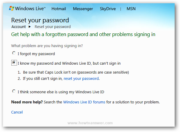 Reset your password options in Hotmail Windows Live