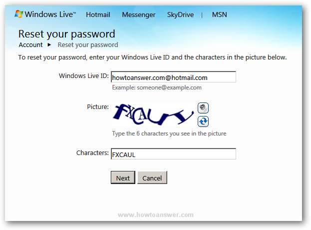 Enter Windows Live ID and captcha characters