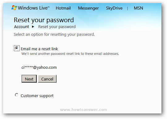 Email me a reset link in Hotmail Windows Live