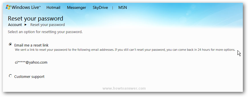 Confirmation of an email sent to reset Hotmail pasword