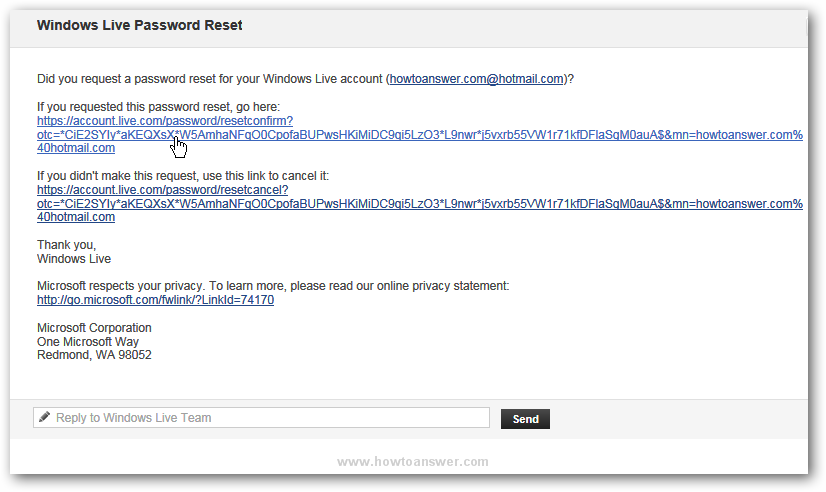 Windows Live Password Reset message