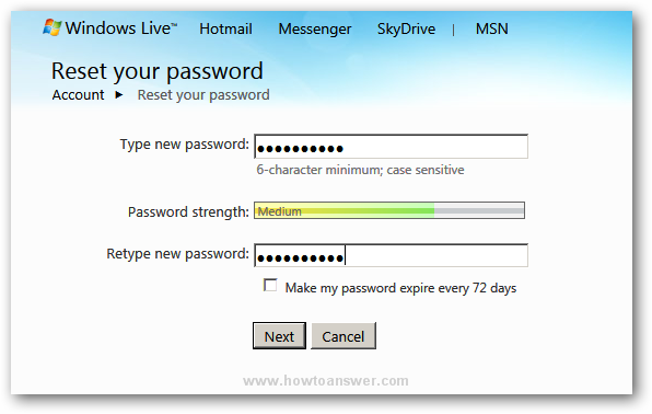Choose a new password, type your new password twice in Hotmail Windows Live