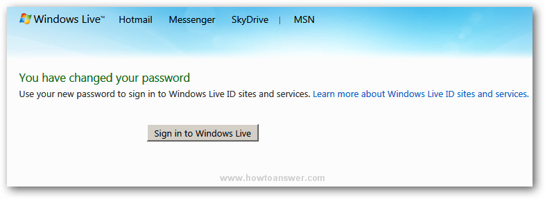 You have changed your password - confirmation message in Hotmail Windows Live