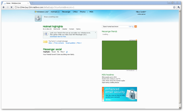 Hotmail highlights redirection page