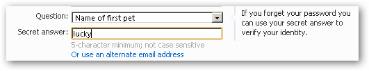 Choose a security question for Hotmail Live Email