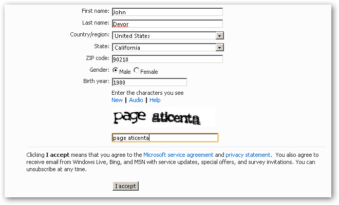 Enter personal details for Hotmail Live Email