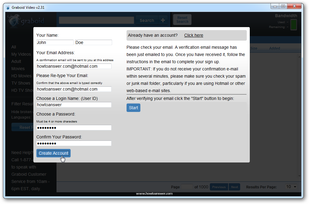 Example of account creation for Graboid Video