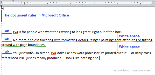 Document ruler tab and white space example in Microsoft Word