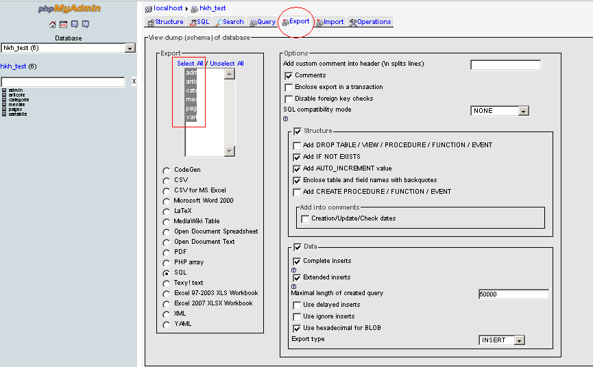 Export feature from phpMyAdmin
