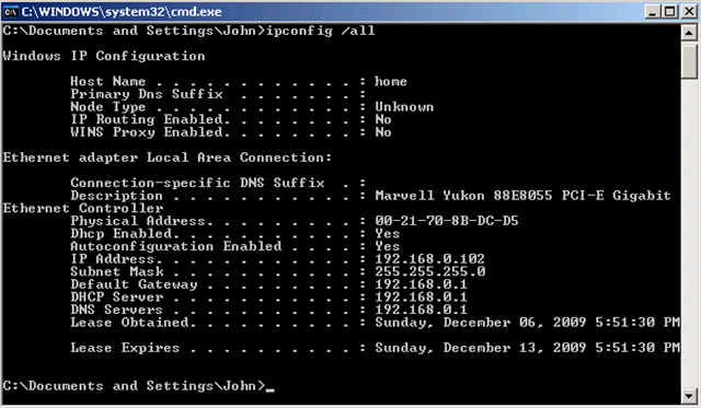 MAC and IP address revealed in command prompt window