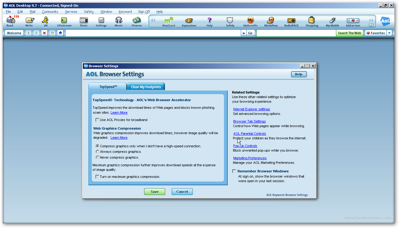 AOL Browser Settings window