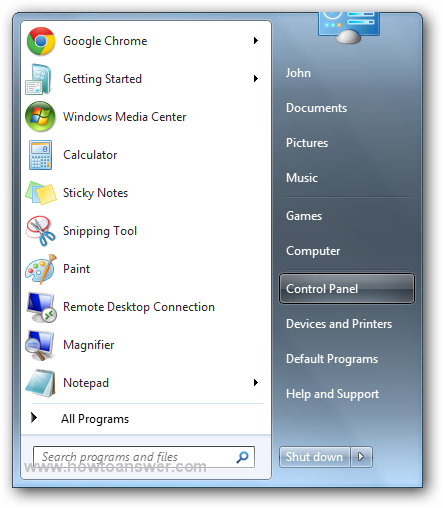 Start - Control Panel in Windows 7
