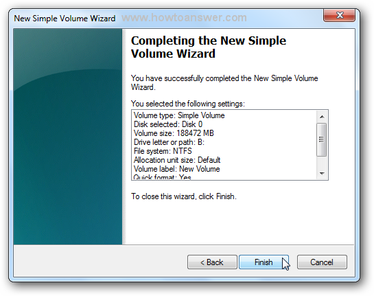 Completing the New Simple Volume Wizard