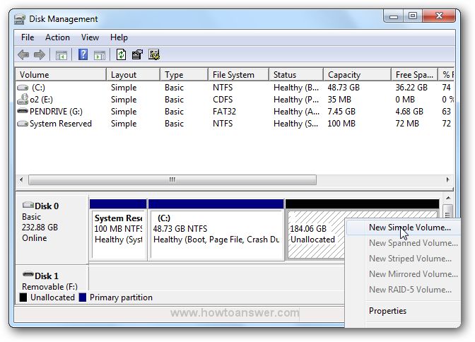 Creating a New Volume option from Disk Management