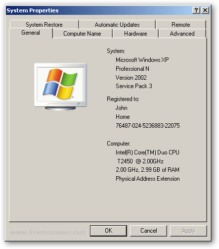 System Properties in Windows XP