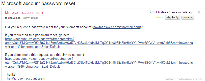 Microsoft account password reset email message.