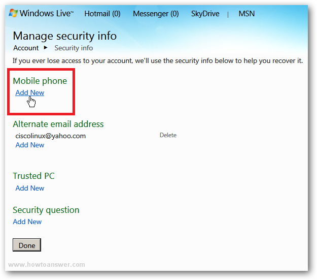 Manage security info in Hotmail - Windows Live
