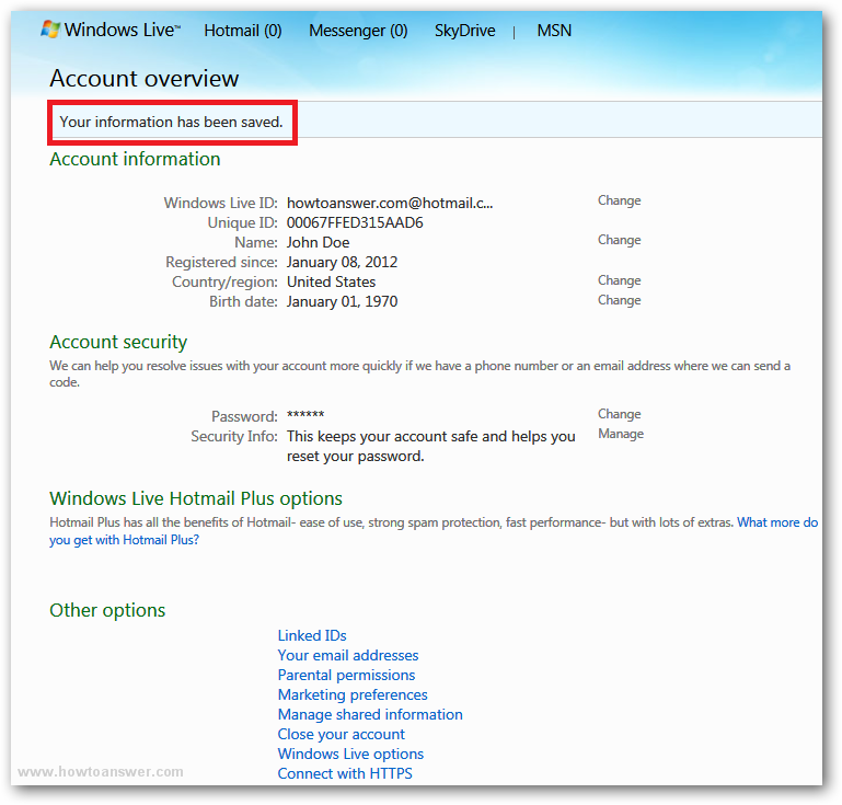 Your information has been saved message confirmation in Windows Live Hotmail