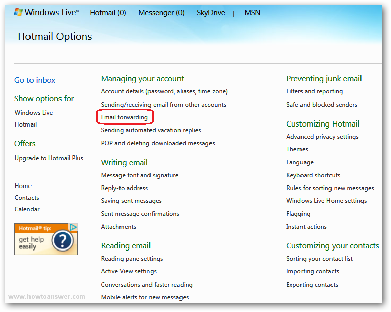 Accessing Hotmail Options - Managing your account - Email forwarding in Hotmail Windows Live