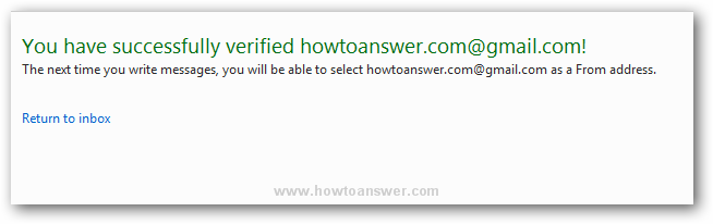 You have successfully verified - message that confirms the successful verification of my Gmail email address in Hotmail