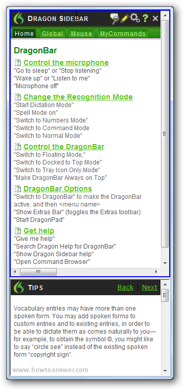 Dragon NaturallySpeaking Sidebar