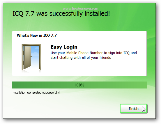 Confirmation that ICQ was successfully installed