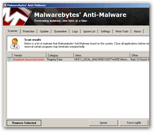 Infection found after Malwarebytes scan