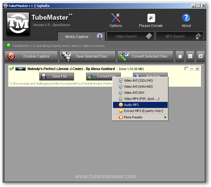 Audio Mp3 being selected in TubeMaster