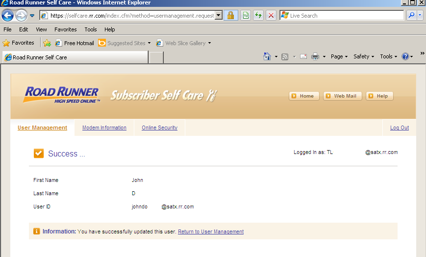 Successful confirmation of a sub user in Road Runner