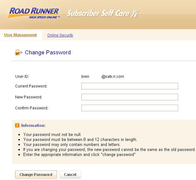 Change password window in Road Runner