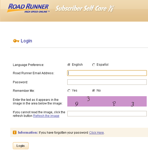 Road Runner login page for changing password