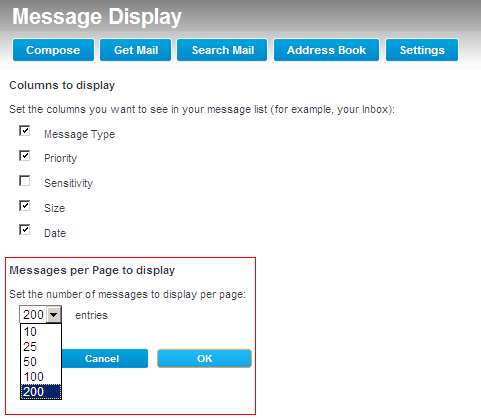 Messages per page to display in Road Runner