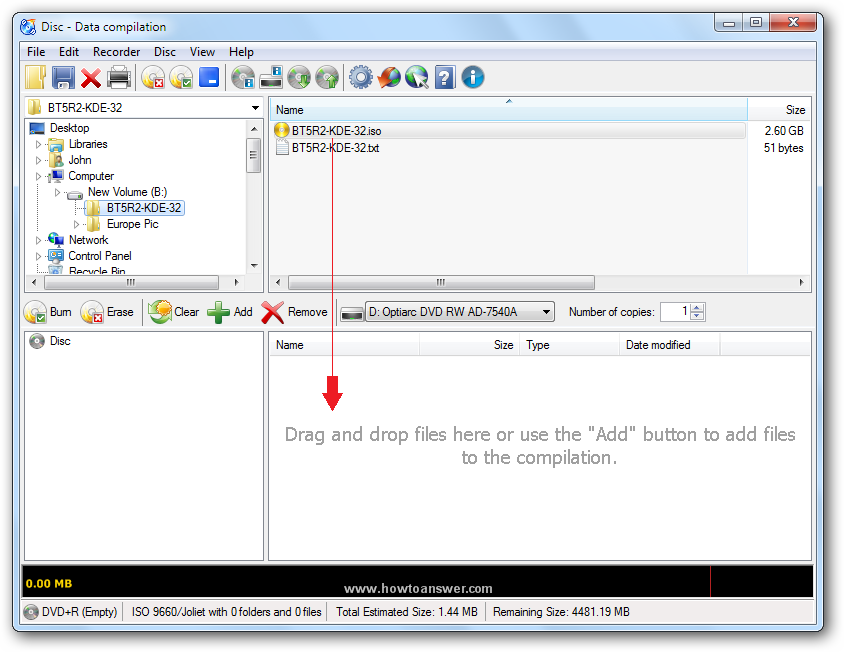 Drag and drop files to a DVD using CDBurnerXP