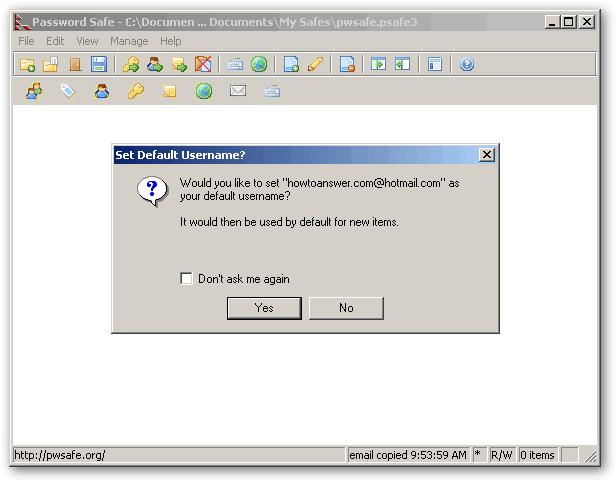 Set Default Username window