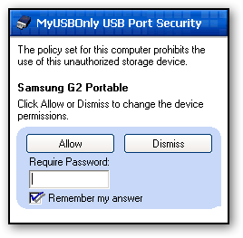 MyUSBOnly USB Port Security prompt window blocking access to USB device