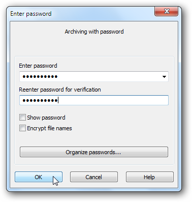 Adding a password in WinRAR to an archive