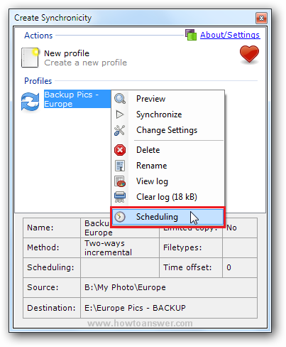 Scheduling Create Synchronicity Profile