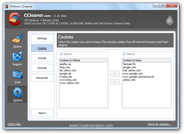 Accessing Options - Cookies in CCleaner