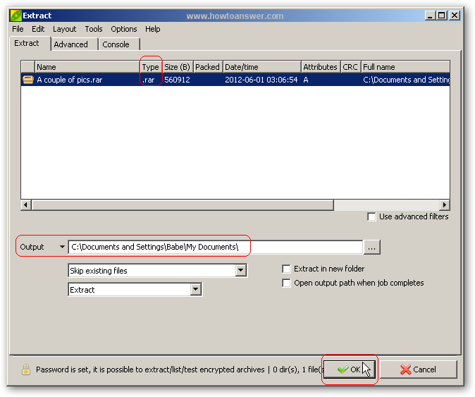 Select output folder for RAR file