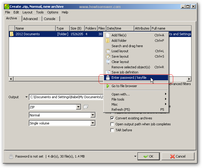 Add Password to zip archive in PeaZip